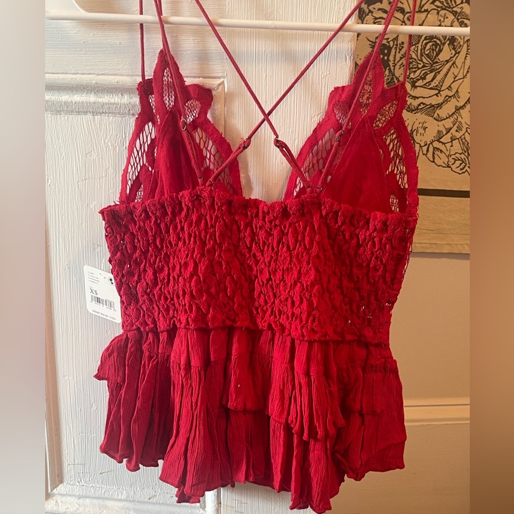 ❤️ BOGO ❤️ Free People Adella Strappy Lace Bodice Peplum Camisole in Cherry Red - Picture 2 of 10
